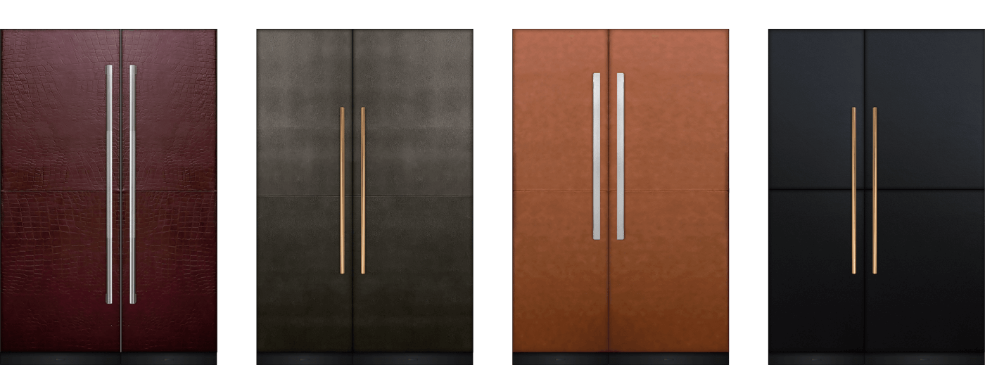 Custom JennAir Brand leather cut panels in Croc, Cognac, Carbon and Caviar. 